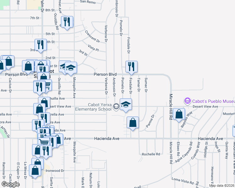 map of restaurants, bars, coffee shops, grocery stores, and more near 12388 Ambrosio Drive in Desert Hot Springs