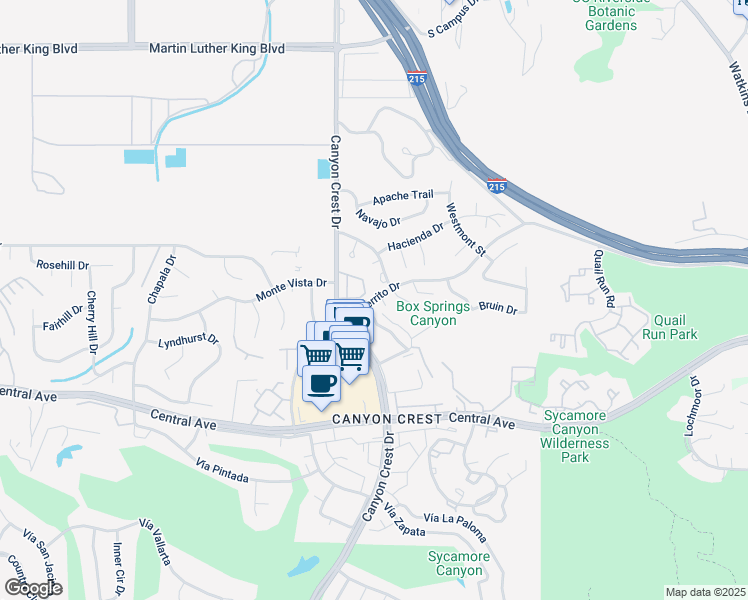 map of restaurants, bars, coffee shops, grocery stores, and more near 5208 Monte Vista Drive in Riverside