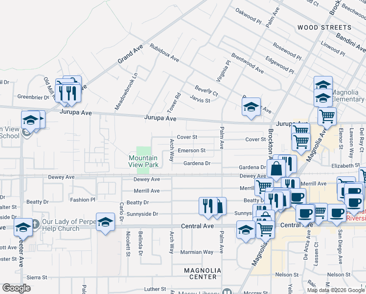 map of restaurants, bars, coffee shops, grocery stores, and more near 4680 Emerson Street in Riverside
