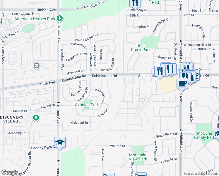 map of restaurants, bars, coffee shops, grocery stores, and more near 14630 Greenward Court in Corona