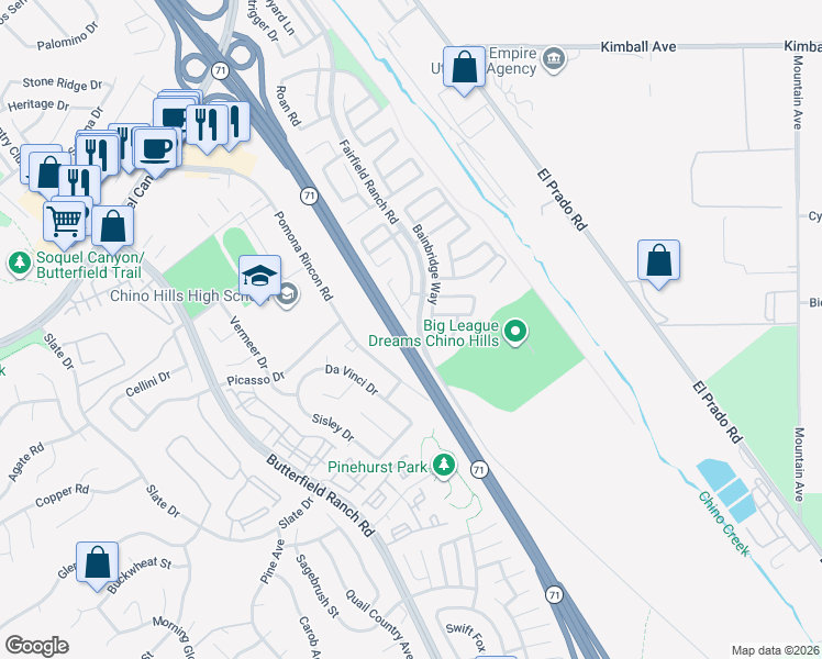 map of restaurants, bars, coffee shops, grocery stores, and more near Chino Valley Freeway in Chino Hills