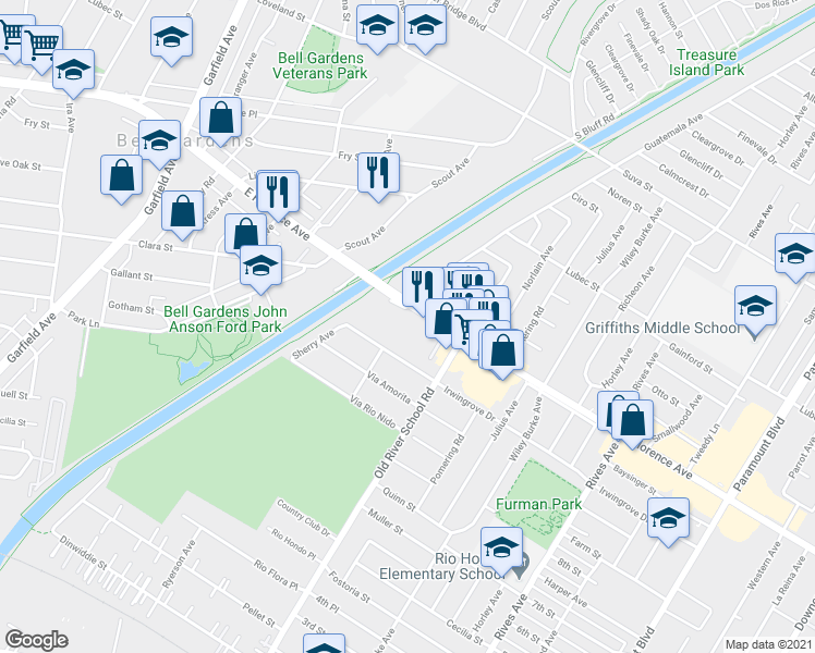 map of restaurants, bars, coffee shops, grocery stores, and more near 7315 Irwingrove Drive in Downey