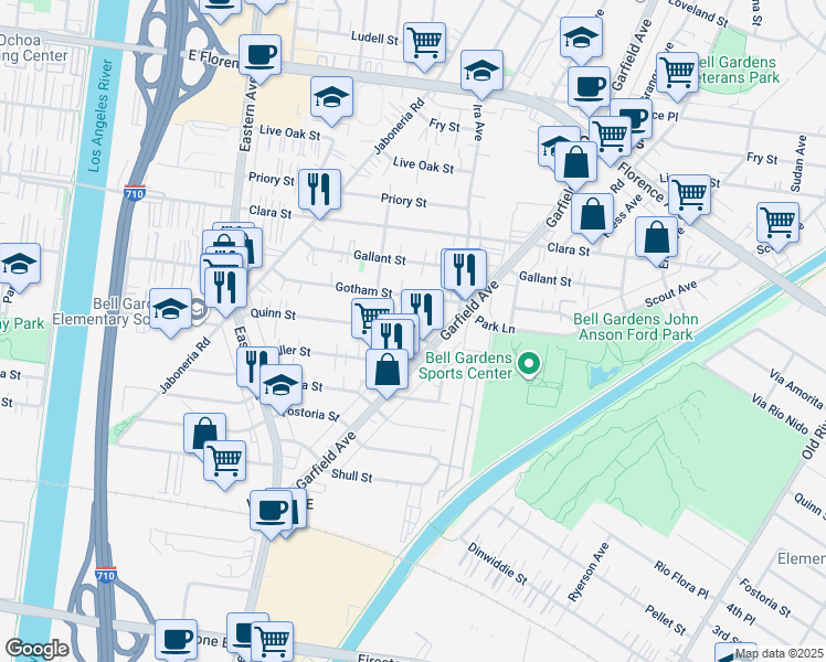 map of restaurants, bars, coffee shops, grocery stores, and more near 8009 Garfield Avenue in Bell Gardens