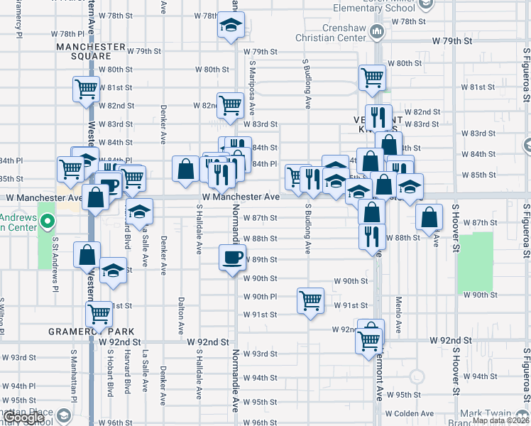 map of restaurants, bars, coffee shops, grocery stores, and more near 1316 West 87th Street in Los Angeles