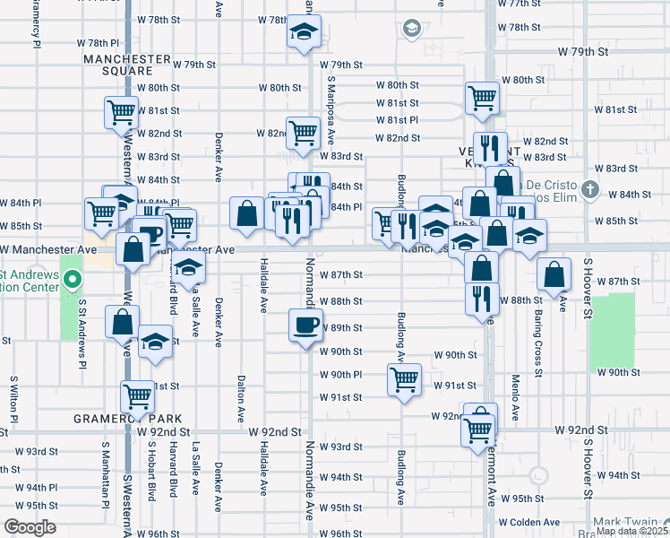 map of restaurants, bars, coffee shops, grocery stores, and more near 1316 West 87th Street in Los Angeles