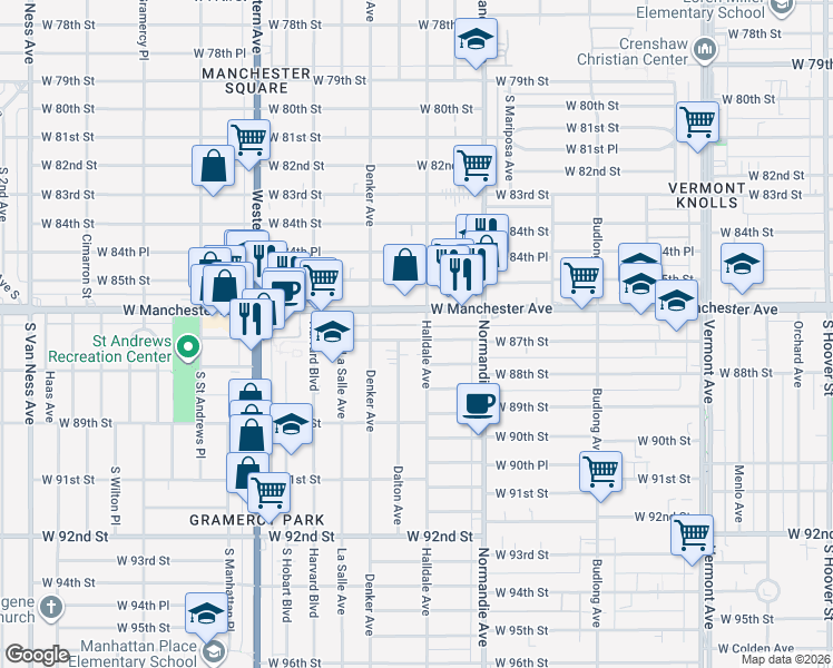 map of restaurants, bars, coffee shops, grocery stores, and more near 8714 Dalton Avenue in Los Angeles