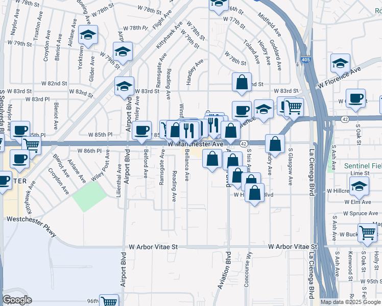 map of restaurants, bars, coffee shops, grocery stores, and more near 8734 Bellanca Avenue in Los Angeles