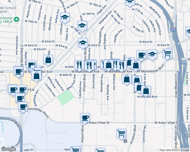 map of restaurants, bars, coffee shops, grocery stores, and more near 8655 Belford Avenue in Los Angeles