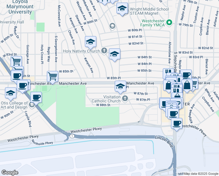 map of restaurants, bars, coffee shops, grocery stores, and more near 6628 West 87th Street in Los Angeles