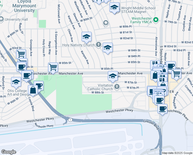 map of restaurants, bars, coffee shops, grocery stores, and more near 6706 West 87th Street in Los Angeles