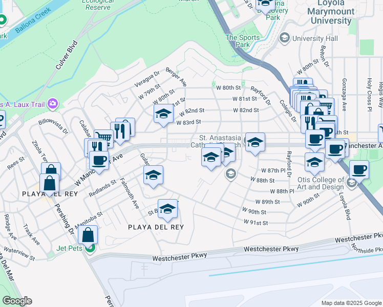 map of restaurants, bars, coffee shops, grocery stores, and more near 7740 Redlands Street in Los Angeles