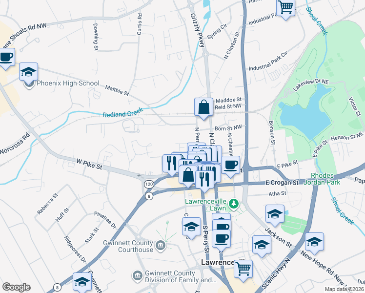 map of restaurants, bars, coffee shops, grocery stores, and more near 225 West Oak Street in Lawrenceville