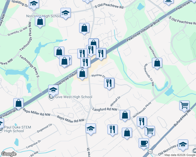 map of restaurants, bars, coffee shops, grocery stores, and more near 5465 Fontenoy Court in Norcross