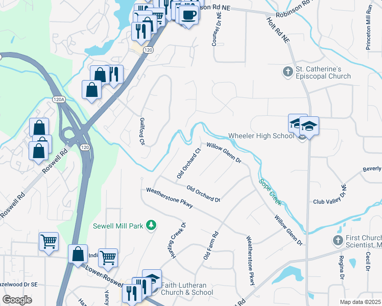 map of restaurants, bars, coffee shops, grocery stores, and more near 351 Old Orchard Court in Marietta