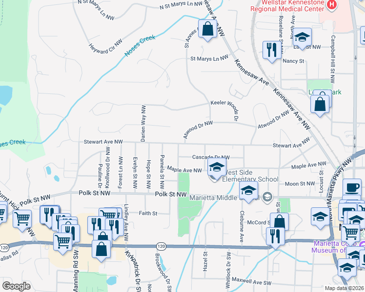 map of restaurants, bars, coffee shops, grocery stores, and more near 445 Stewart Avenue Northwest in Marietta