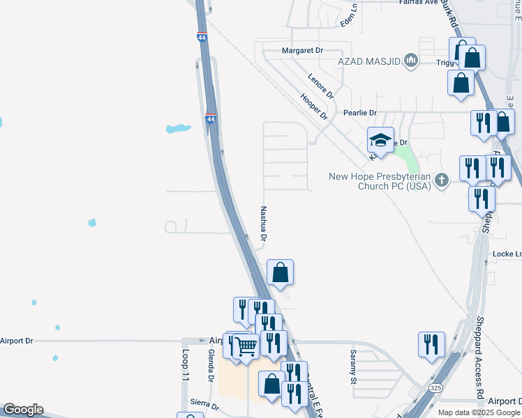 map of restaurants, bars, coffee shops, grocery stores, and more near 45 Nashua Drive in Wichita Falls