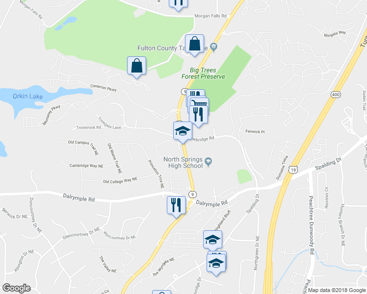 map of restaurants, bars, coffee shops, grocery stores, and more near 7447 Roswell Road Northeast in Atlanta