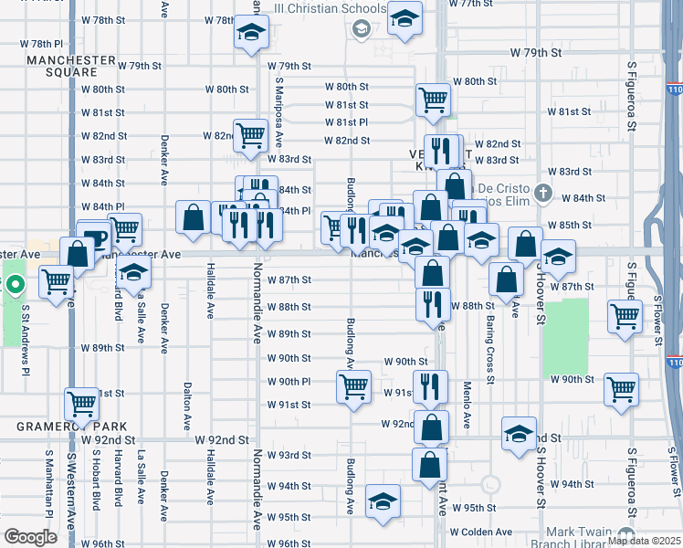 map of restaurants, bars, coffee shops, grocery stores, and more near 1209 West 87th Street in Los Angeles