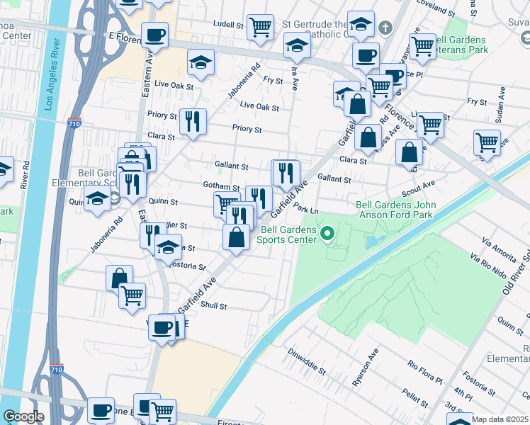 map of restaurants, bars, coffee shops, grocery stores, and more near 8009 Garfield Avenue in Bell Gardens