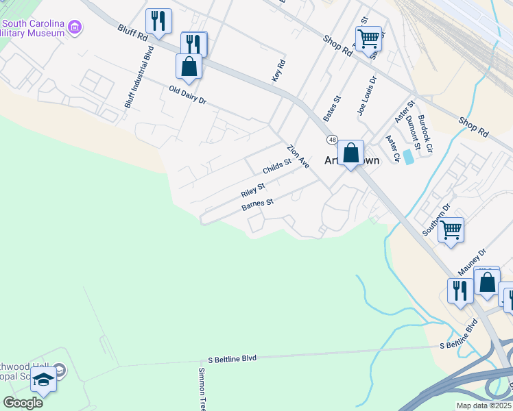 map of restaurants, bars, coffee shops, grocery stores, and more near 704 Barnes Street in Columbia