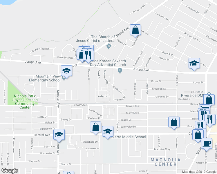 map of restaurants, bars, coffee shops, grocery stores, and more near 4939 Ficus Court in Riverside