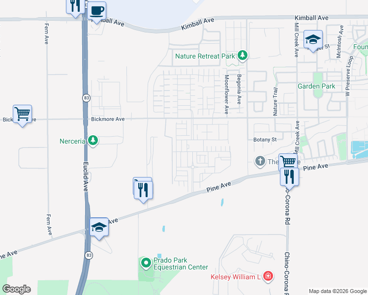 map of restaurants, bars, coffee shops, grocery stores, and more near 16287 Sandpiper Avenue in Chino
