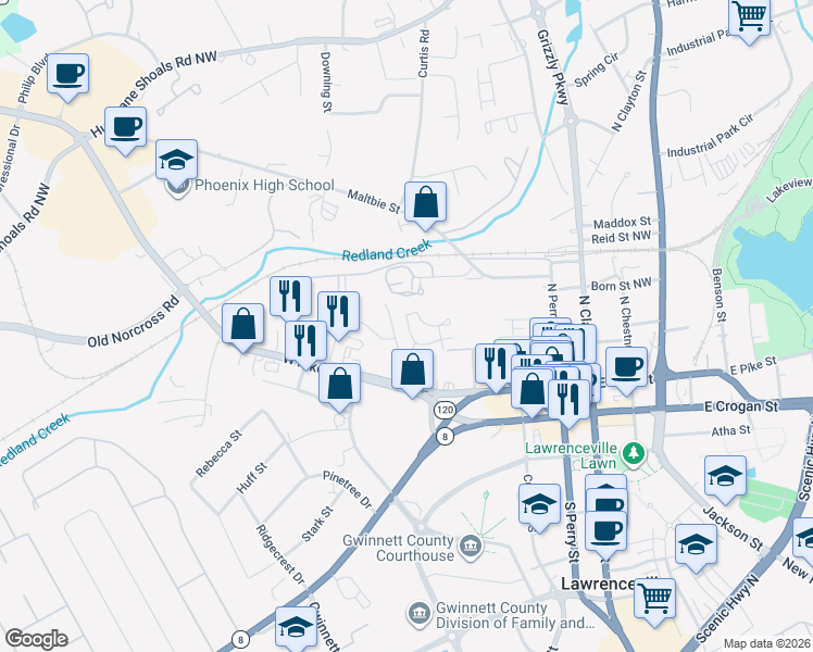 map of restaurants, bars, coffee shops, grocery stores, and more near 255 Honeysuckle Circle in Lawrenceville