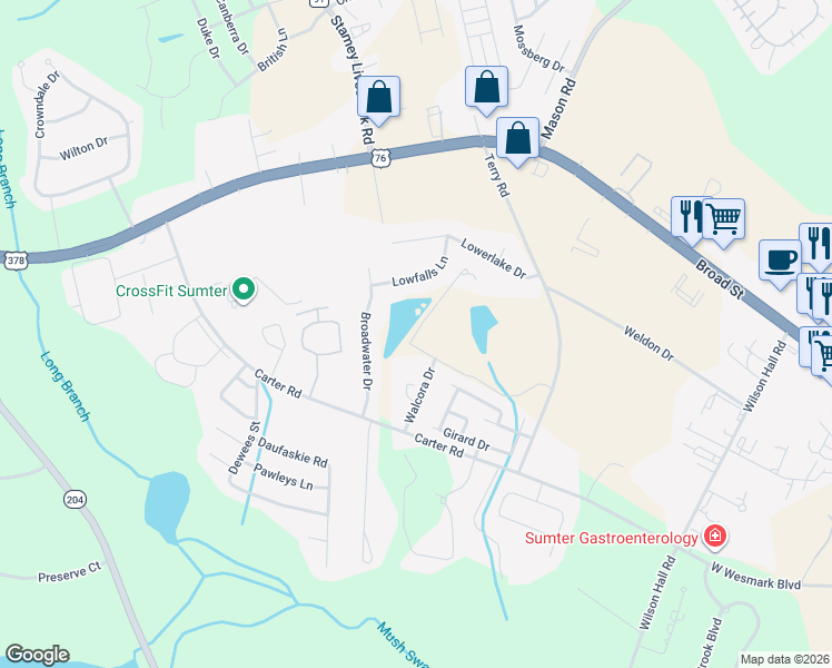 map of restaurants, bars, coffee shops, grocery stores, and more near 3115 Wateroak Lane in Sumter