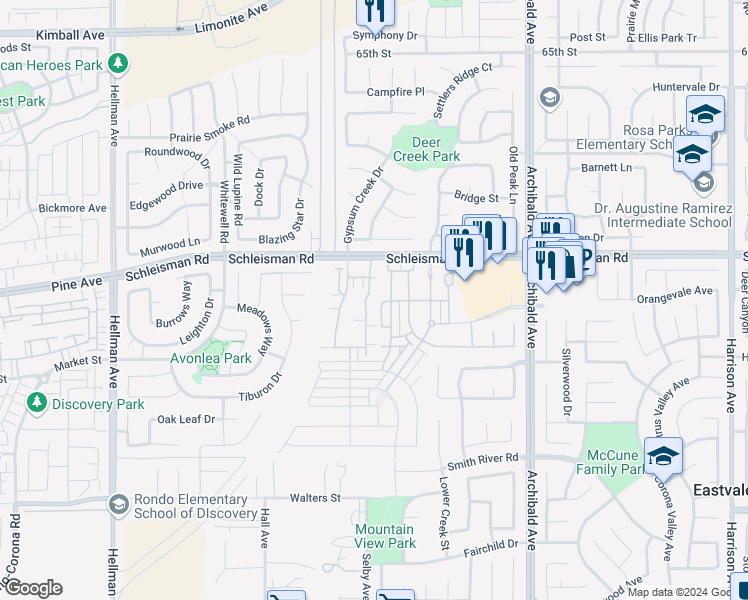 map of restaurants, bars, coffee shops, grocery stores, and more near 7049 Montecito Lane in Eastvale