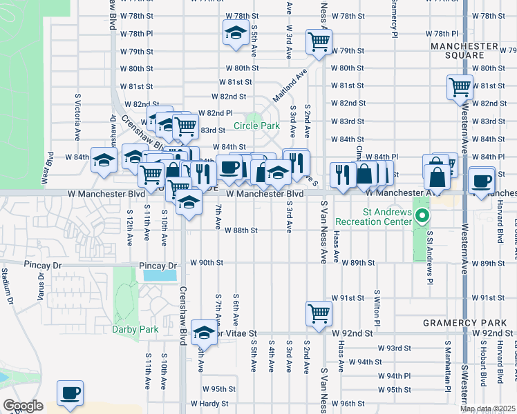 map of restaurants, bars, coffee shops, grocery stores, and more near 8711 South 4th Avenue in Inglewood