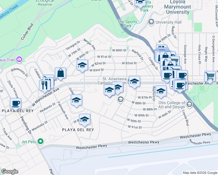 map of restaurants, bars, coffee shops, grocery stores, and more near 7400 West Manchester Avenue in Los Angeles