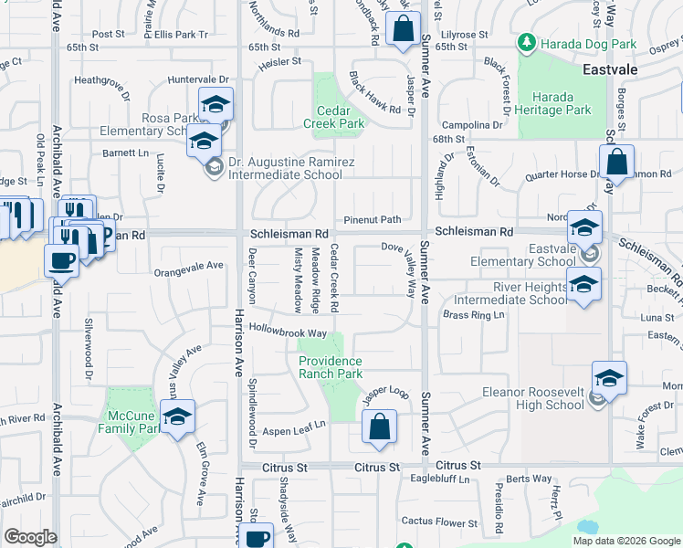 map of restaurants, bars, coffee shops, grocery stores, and more near 6915 Cedar Creek Road in Corona
