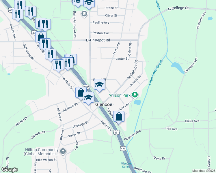 map of restaurants, bars, coffee shops, grocery stores, and more near 207 North College Street in Gadsden