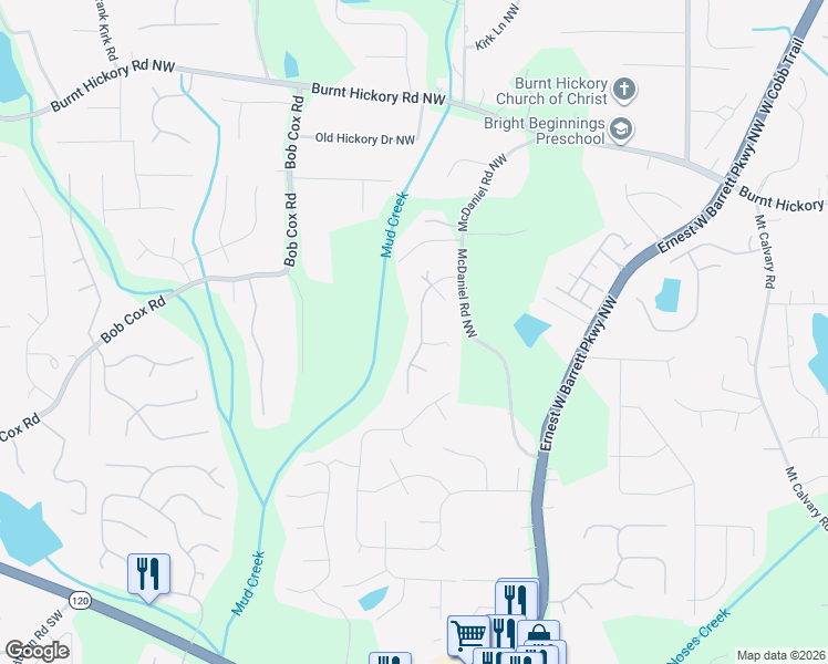 map of restaurants, bars, coffee shops, grocery stores, and more near 219 Rippling Drive Northwest in Marietta