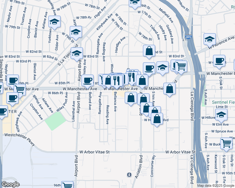 map of restaurants, bars, coffee shops, grocery stores, and more near 8622 Bellanca Avenue in Los Angeles
