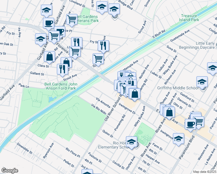 map of restaurants, bars, coffee shops, grocery stores, and more near 7300 Florence Avenue in Downey