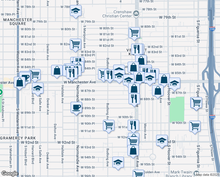 map of restaurants, bars, coffee shops, grocery stores, and more near 1149 West 87th Street in Los Angeles