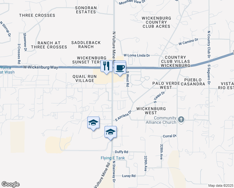 map of restaurants, bars, coffee shops, grocery stores, and more near 601 South Vulture Mine Road in Wickenburg
