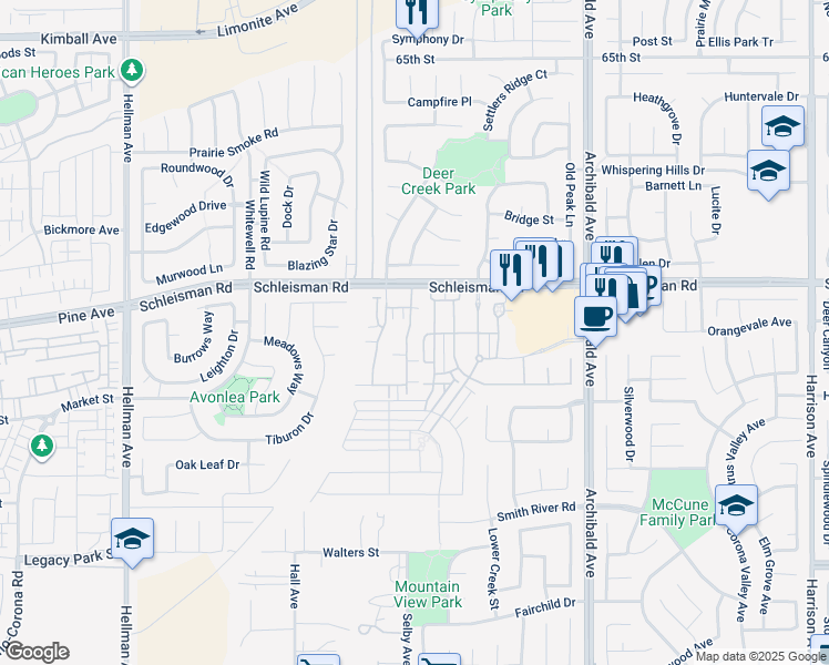 map of restaurants, bars, coffee shops, grocery stores, and more near 7049 Montecito Lane in Eastvale