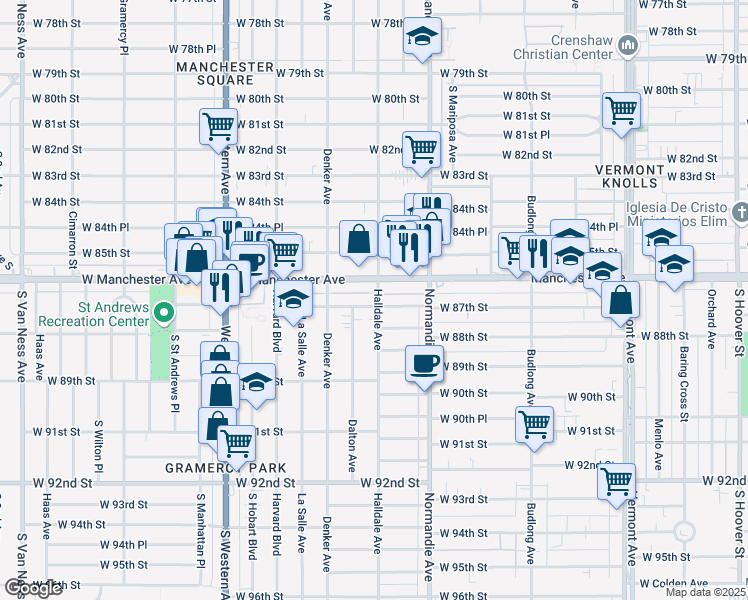 map of restaurants, bars, coffee shops, grocery stores, and more near 1501 West 87th Street in Los Angeles