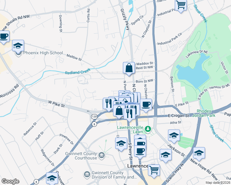 map of restaurants, bars, coffee shops, grocery stores, and more near 225 West Oak Street in Lawrenceville