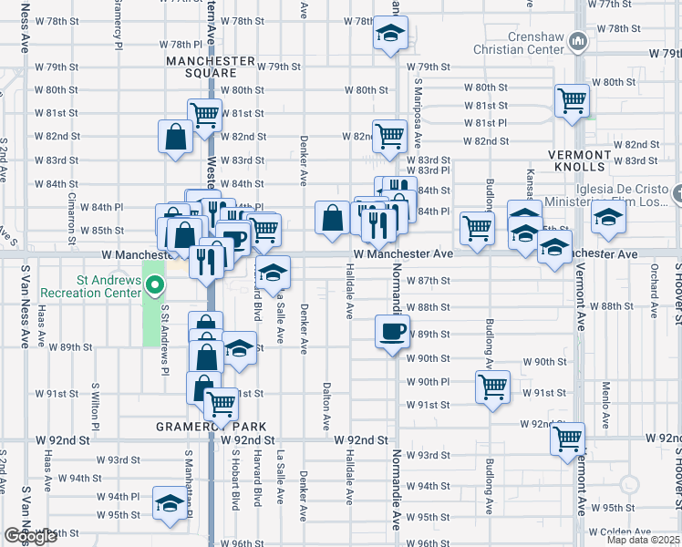 map of restaurants, bars, coffee shops, grocery stores, and more near 8714 Dalton Avenue in Los Angeles