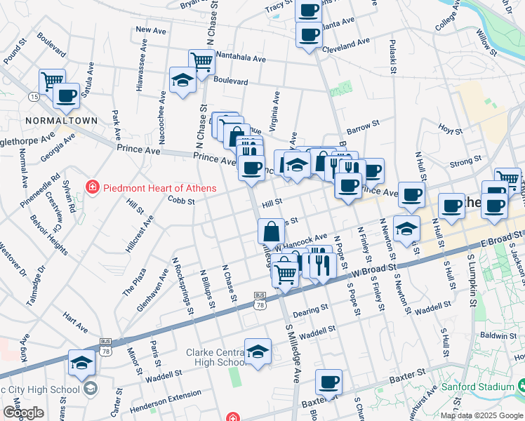 map of restaurants, bars, coffee shops, grocery stores, and more near 490 North Milledge Avenue in Athens