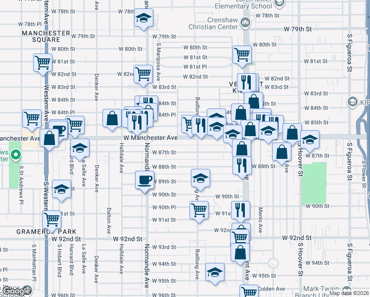 map of restaurants, bars, coffee shops, grocery stores, and more near 1231 West 87th Street in Los Angeles