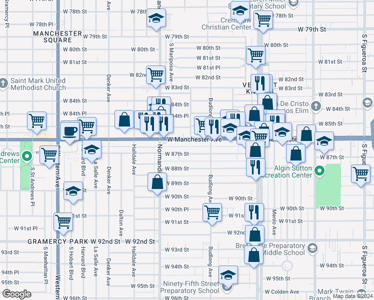 map of restaurants, bars, coffee shops, grocery stores, and more near 1257 West 87th Street in Los Angeles