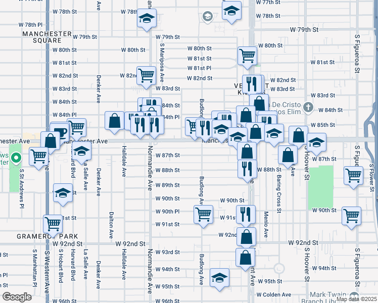 map of restaurants, bars, coffee shops, grocery stores, and more near 1231 West 87th Street in Los Angeles