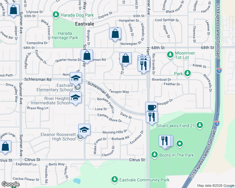 map of restaurants, bars, coffee shops, grocery stores, and more near 12791 Terrapin Way in Corona