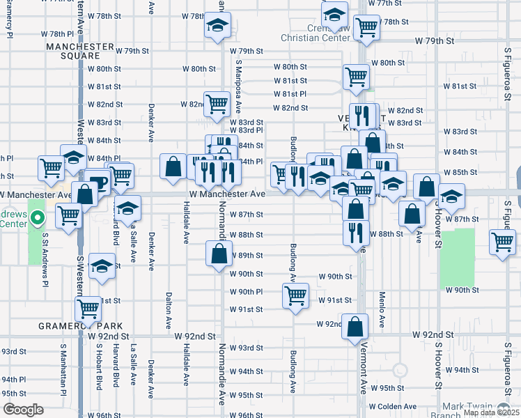 map of restaurants, bars, coffee shops, grocery stores, and more near 1257 West 87th Street in Los Angeles