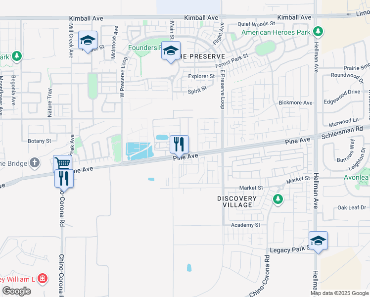 map of restaurants, bars, coffee shops, grocery stores, and more near 8286 Pine Ave in Chino