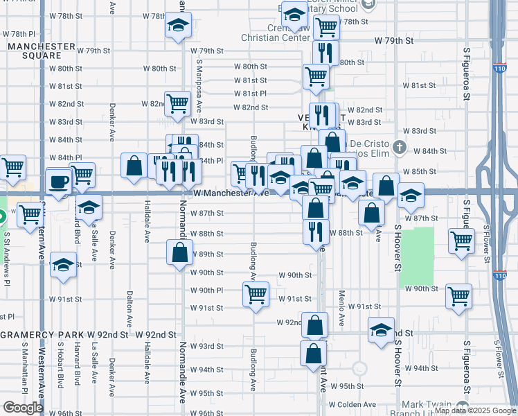 map of restaurants, bars, coffee shops, grocery stores, and more near 1149 West 87th Street in Los Angeles